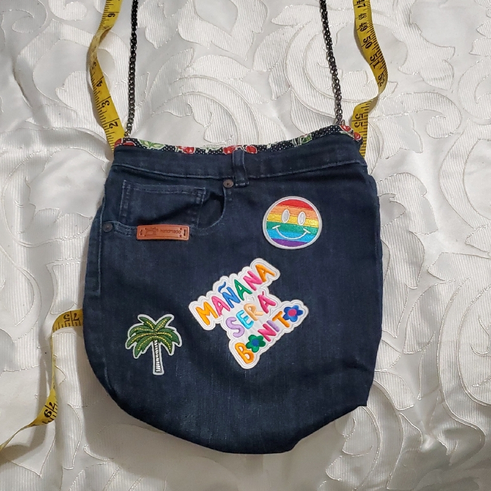 Denim Shoulder Bag with Colorful Patches